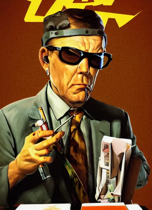 Image similar to Fear & Loathing in Las Vegas style movie poster artwork, Rendering of Hunter S Thompson talking on a rotary telephone at his desk late at night smoking a cigarette with a long filter and wearing a green accountants visor, clean, full of detail, Matte painting, trending on artstation and unreal engine