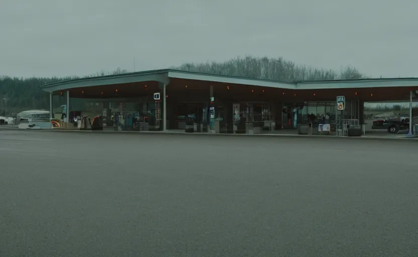 Image similar to cinematic still screenshot of the port byron travel plaza in the middle of nowhere, shot by saul leiter, camera height 7 feet, moody cinematography, 2 4 mm anamorphic lens