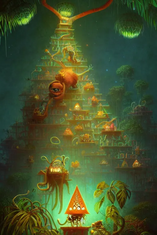 Image similar to a surreal Bioluminescent, very very very cute Jungle Pyramid in a happy world by Daniel Merriam, Trending on Artstation, oil on Canvas by Elena Zhurikhina and Goro Fujita and Charlie Bowater, octane render, 4k, 8k, HD