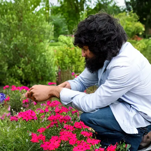 Image similar to a very confused man crouching down and inspecting a flower