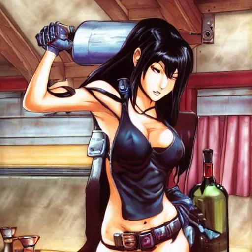 Prompt: tifa lockheart in her bar by masamune shirow