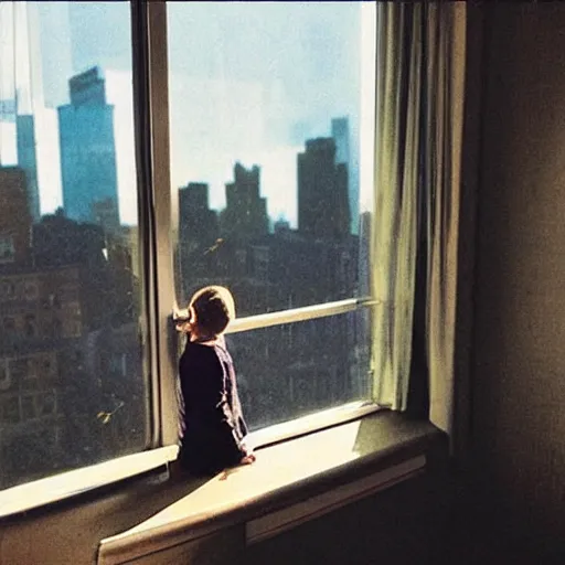 Prompt: “ a girl holding a cup of coffee looking out a window overlooking the east village in new york city, morning light, by gregory crewdson ”