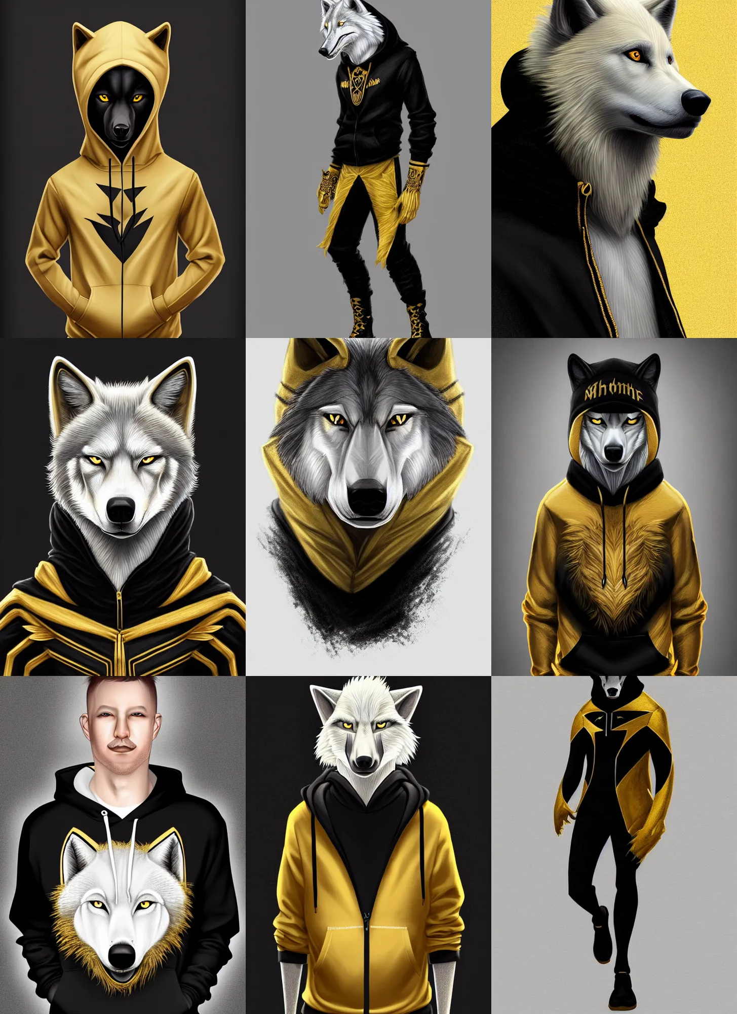 Prompt: anthropomorphic albino wolf wearing a casual black and gold hoodie, highly detailed, artgerm style, artstation, soft light, sharp focus, illustration, character design, concept art