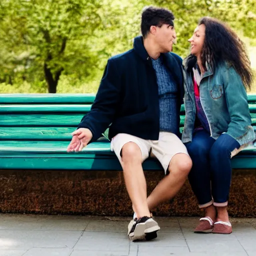 Prompt: a couple sitting on a park bench, action photo