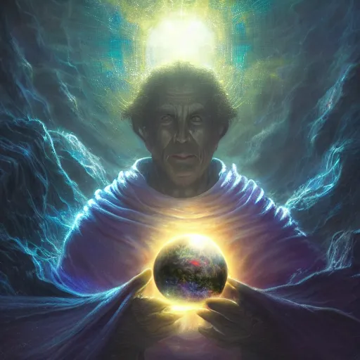 Image similar to the creator of worlds wearing a cloak and holding a holographic planet projection in his hand, detailed, sci - fi, digital painting, artstation, sharp focus, illustration, ominous, artgerm, tomasz alen kopera, peter mohrbacher, donato giancola, joseph christian leyendecker, wlop, frank frazetta