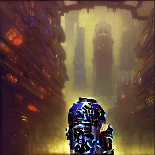 Image similar to portrait r 2 d 2. spaceship futuristic city. shadowrun cyberpunk fantasy d & d painting by gaston bussiere craig mullins jc leyendecker gustav klimt artgerm greg rutkowski john berkey, bergey, craig mullins, ruan jia, raymond swanland, tom lovell