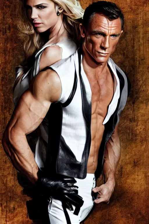 Prompt: romance novel cover with james bond wearing a leather vest and white linen pants, long swept back blond hair, chiseled good looks, muscular arms and chest, digital art