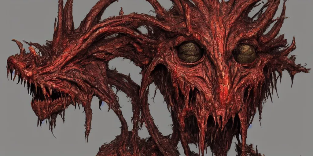 Image similar to a chtulhu creature head closeup, front view, studio lighting, deep colors, apocalyptic setting, gross, evil, veins