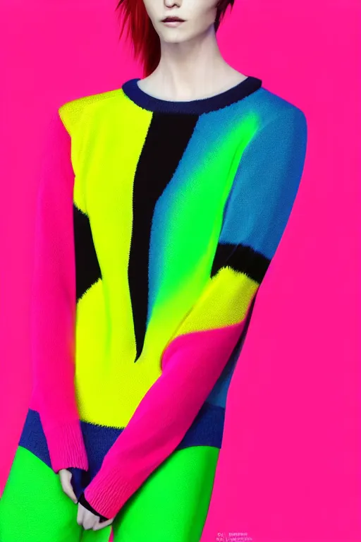 Image similar to stylish pullover for a rave bright colors, many details, photo for a magazine, photo for a store, fashion photography, Vogue, cinematic, hyper realism, high detail, 8k, very coherent symmetrical work, perfect face model, full length photo, Upper and lower body,Soft shadows on the face, white eyes, photographer style by Nik Night Erik Madigan Hec and Walter Chin and Camilla Akrans and Miles Aldridge