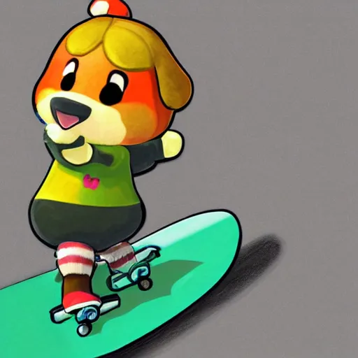 Image similar to A digital drawing fish lens of Isabelle from Animal Crossing skateboarding, trending on Twitter