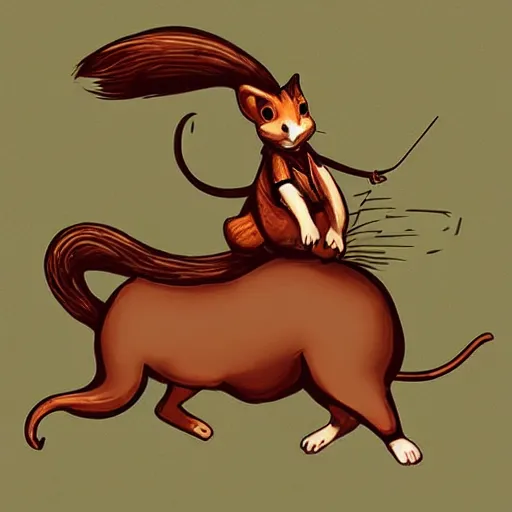 Image similar to a mouse riding on a prancing cat, illustration, digital art, trending on artstation