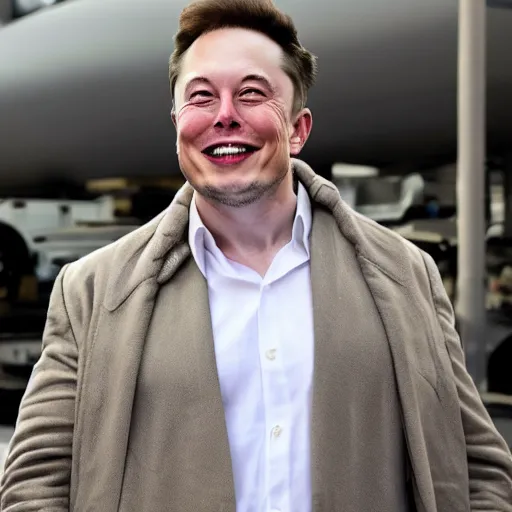 Image similar to elon musk with white eyes, smiling creepy at a camera, realistic photo