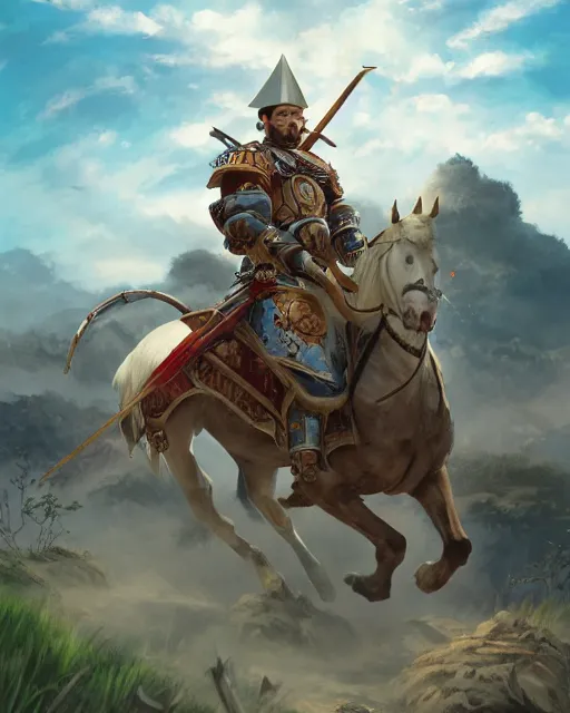 Image similar to ultrarealistic portrait of a spanish conquistador in battle, by daniel zrom and mingchen shen, studio ghibli color scheme, detailed, handsome, anatomy, sharp focus, photography, magic : the gathering, octane, cinematic lighting, facial features, jungle, clear face, golden ratio, tarot card