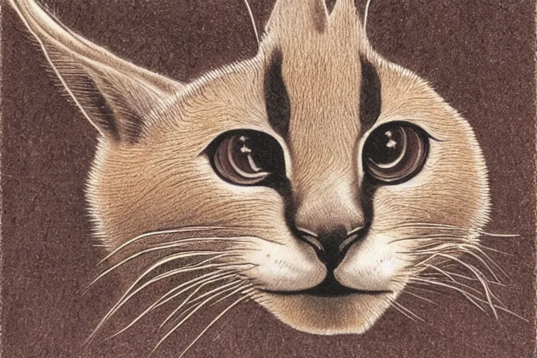 Image similar to cute caracal face at $100 bill, banknote, intaglio style, macro, realistic