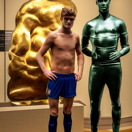 Prompt: a realistic detailed photo of a guy who is an attractive humanoid who is half robot and half humanoid, who is a male android, soccer players martin ødegaard & timo werner, shiny skin, posing like a statue, blank stare, in a museum, on display, showing off his muscles, gold soccer shorts, no jersey, side to side, statue