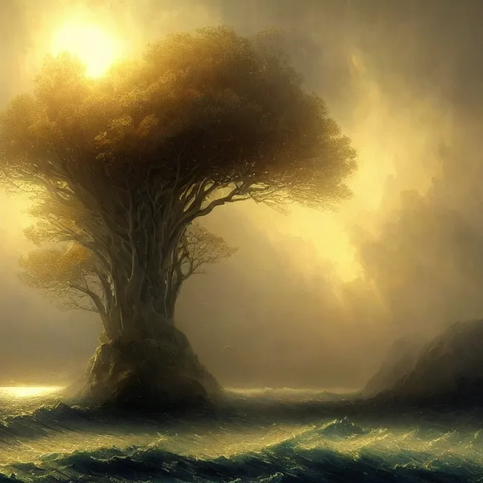 Prompt: a beautiful painting of the gold world tree on the sea by ivan aivazovsky and greg rutkowski and james gurney, in style of unreal engine 5. dark fantasy, elden ring, hyper detailed, sharp focus, soft light. unreal engine 5 lumen. ray tracing. trending on artstation.