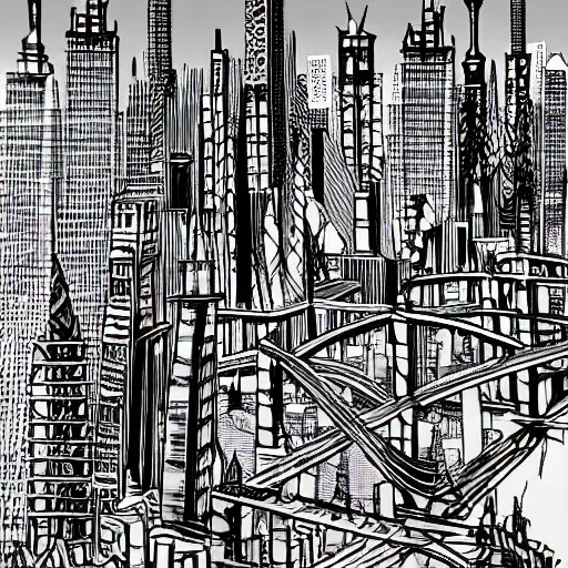 Image similar to city by dr seuss, with towers, bridges, stairs