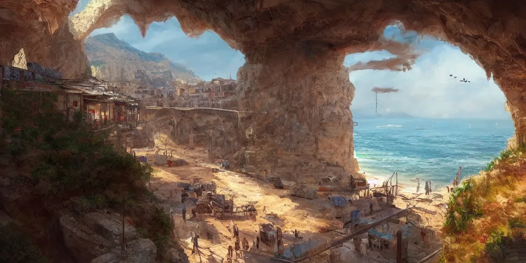 Image similar to looking out a train window, a mediterranean phoenician fishing village, over a chalk cliff, highly detailed, digital painting, artstation, concept art, sharp focus, illustration, art by artgerm and greg rutkowski and raphael lacoste and magali villeneuve