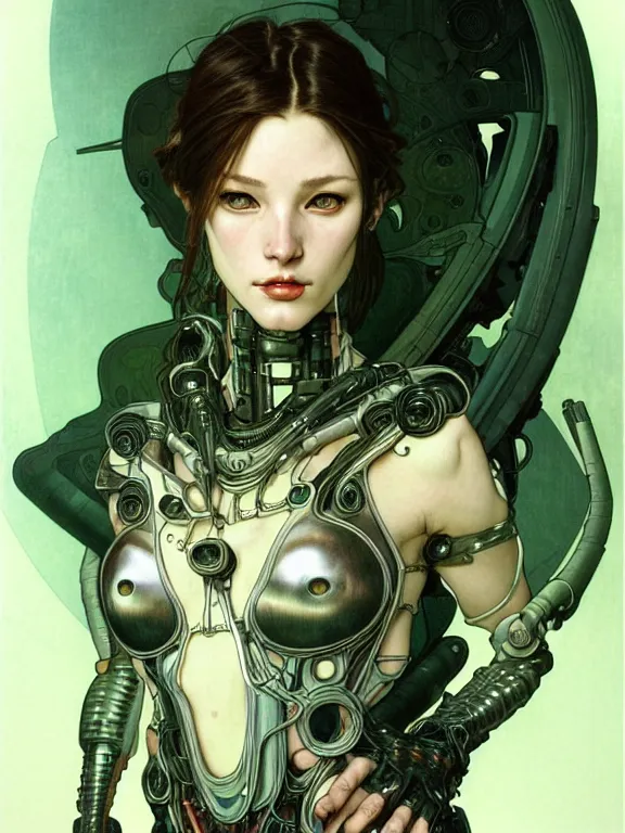 Prompt: realistic detailed face portrait of one sublime sexy heroine with few parts of alien like cyberpunk armor, minimal sleek design armor style, by moebius, alphonse mucha, ayami kojima, amano, greg hildebrandt, and mark brooks, feminine, sexy, female, seductive, art nouveau, cyberpunk, neo - gothic, gothic, character concept design, green eyes