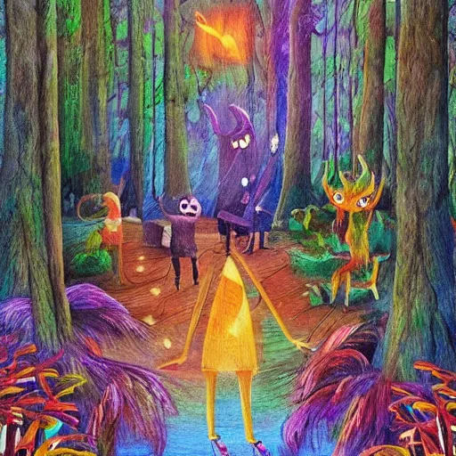 Prompt: : party in a forest in ghostshrimp style art