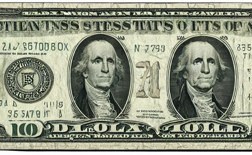 Prompt: rectangular photograph of ten dollar u. s. currency note featuring hamilton