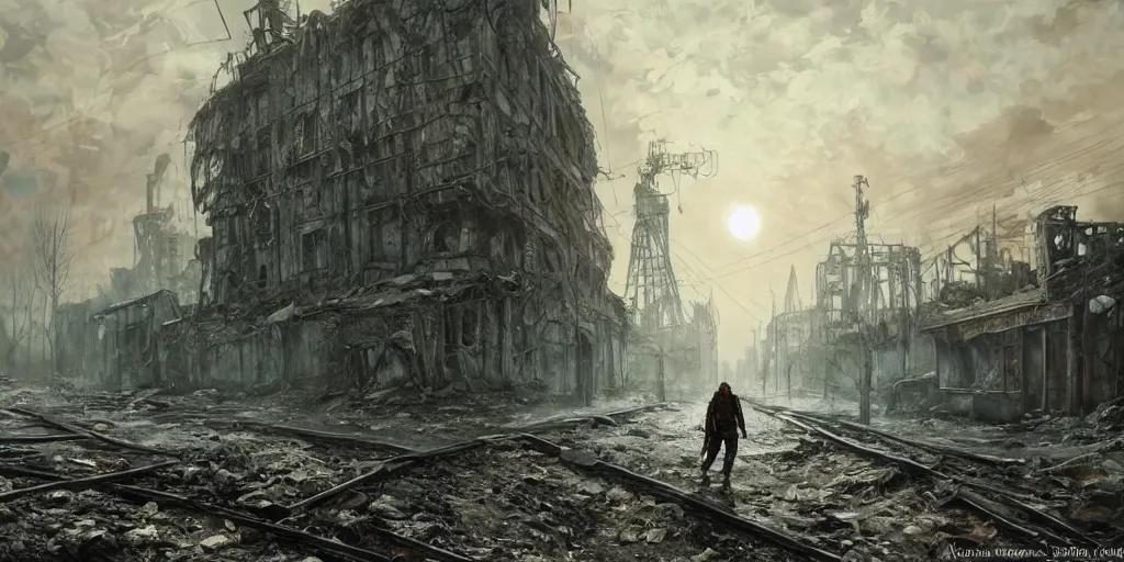 Image similar to A ghoul roaming an abandoned russian factory as concept art for Metro Exodus, winter season, dark clouds, ash fall rain, abandoned, ruined buildings, oil painting, painting by Viktor Vasnetsov, concept art, fantasy cityscape, brutalist architecture, radiation colours painting by Ivan Shishkin, hyperborea, high resolution, trending on artstation,