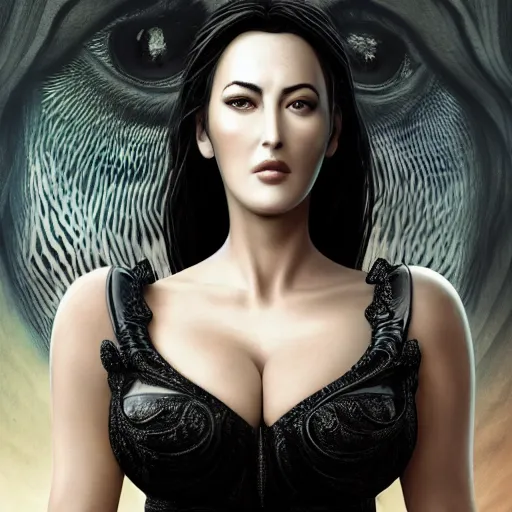 Prompt: A digital masterpiece illustration concept art of giant porcelain statue of a very beautiful Monica Bellucci, beautiful eyes, symmetrical face, symmetrical body, taiga landscape + inspired art by mark brooks + Extremely detailed and intricate complexity + epic composition, magical atmosphere, cinematic lighting + wide long shot, wide angle + trending on artstation + 8k