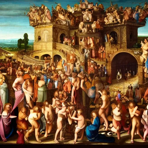 Image similar to renaissance painting of medieval waterpark, highly detailed, beautiful lighting
