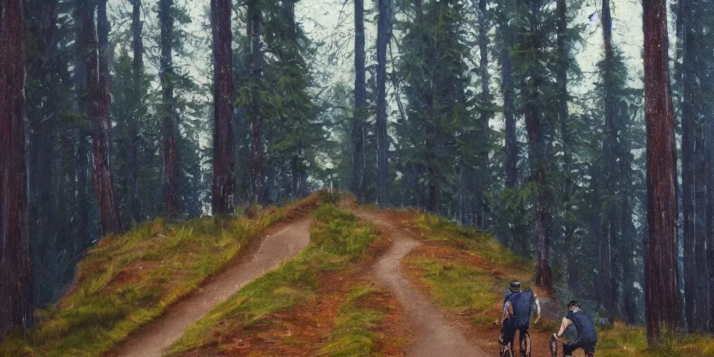 Image similar to Exactly two men biking alone up a steep forest hill. One with a deep dark blue sweater and the other with a wine red sweater. sweaty. Oil painting. Emotional. Trending on artstation. Steep. Nordic Trees. Rustic. Artistic.
