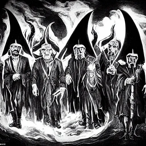Prompt: The patriarch and the president and the general are walking three of them out of the gates to hell, it's dark around, they have horns, lightning in the sky, the infernal underworld, the state is on fire,