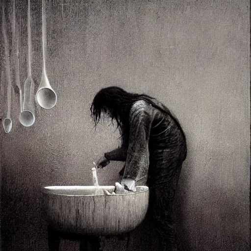 Image similar to Johny Depp washing dishes by Zdzislaw Beksinski