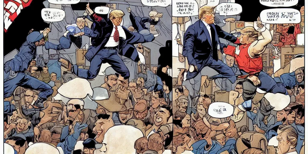 Image similar to Reagan teaching Trump how to block kicks. Epic painting by James Gurney and (Laurie Greasley).