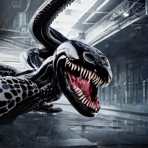 Image similar to full body pose, hyperrealistic photograph of venom, dim volumetric lighting, 8 k, octane beautifully detailed render, extremely hyper detailed, intricate, epic composition, cinematic lighting, masterpiece, trending on artstation, very very detailed, stunning, hdr, smooth, sharp focus, high resolution, award, winning photo, dslr, 5 0 mm