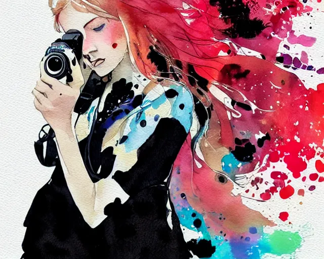 Image similar to pale young woman with bright blonde hair, freckles, bright eyes and a wide face, flowery dress, she is holding a professional dslr camera close to her face with one hand, dramatic lighting, bright flare, expressive, minimal watercolor art by conrad roset