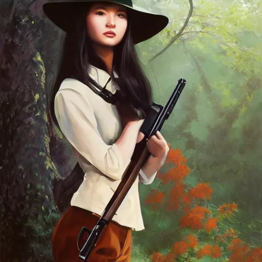 Image similar to oil painting by ilya kuvshinov,, chad knight, artgerm craig mullins, coby whitmore, of a youthful japanese girl, long hair, hunter's outfit, hunter's hat,, holding a rifle highly detailed, breathtaking face, studio photography, noon, intense bounced light, water reflection, large tree casting shadow, serine intense sunlight