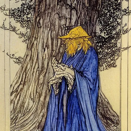 Prompt: A young wizard with blonde hair and blond beard wearing a blue robe and pointy hat under a tree, illustration by Arthur Rackham