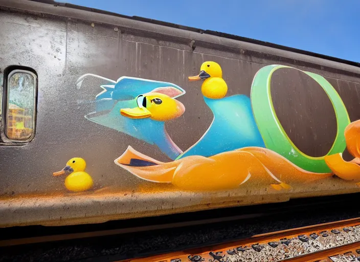 Prompt: stylized duck spray-painted on the side of a train car, award winning photo, 8k