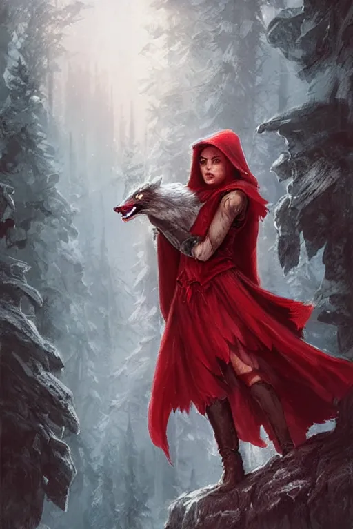 Prompt: amazon red riding hood holding wolf head, d & d, fantasy, highly detailed, headshot, digital painting, trending on artstation, concept art, sharp focus, illustration, art by artgerm and greg rutkowski and magali villeneuve