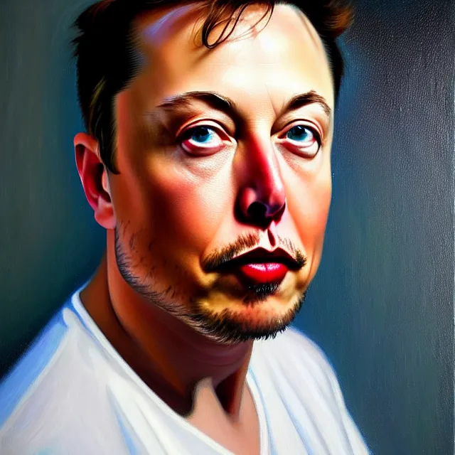 Prompt: stunning serene portrait of Elon Musk by Mark Arian, oil on canvas, masterpiece, realism, piercing gaze, autumn bokeh