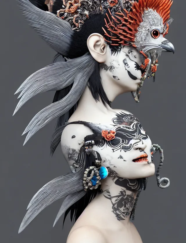 Image similar to 3 d goddess close - up profile portrait punk with mohawk with ram skull. beautiful intricately detailed japanese crow kitsune mask and clasical japanese kimono. betta fish, jellyfish phoenix, bio luminescent, plasma, ice, water, wind, creature, artwork by tooth wu and wlop and beeple and greg rutkowski