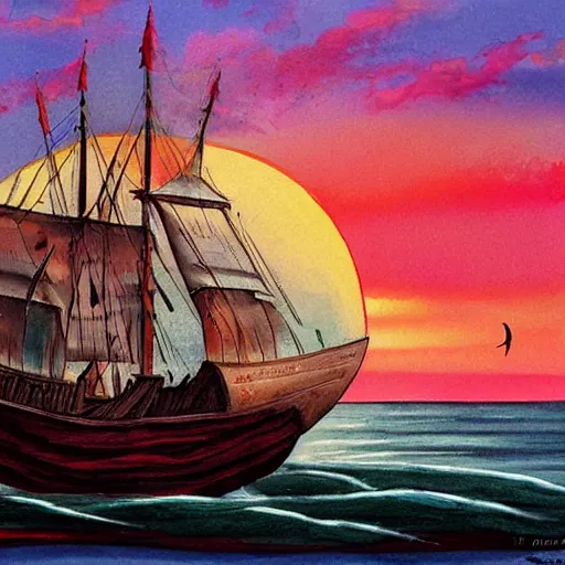 Image similar to medieval ship on the sea, sunset, painting style