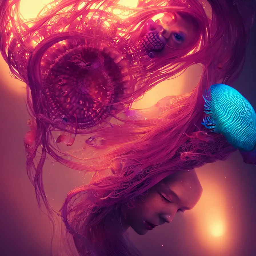 Image similar to goddess close-up portrait. orchid jellyfish phoenix head, nautilus, skull, betta fish, bioluminiscent creatures, intricate artwork by Tooth Wu and wlop and beeple. octane render, trending on artstation, greg rutkowski very coherent symmetrical artwork. cinematic, hyper realism, high detail, octane render, 8k