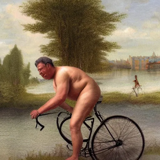 Prompt: detailed realistic photograph of shirtless corpulent man riding a bicycle near a river