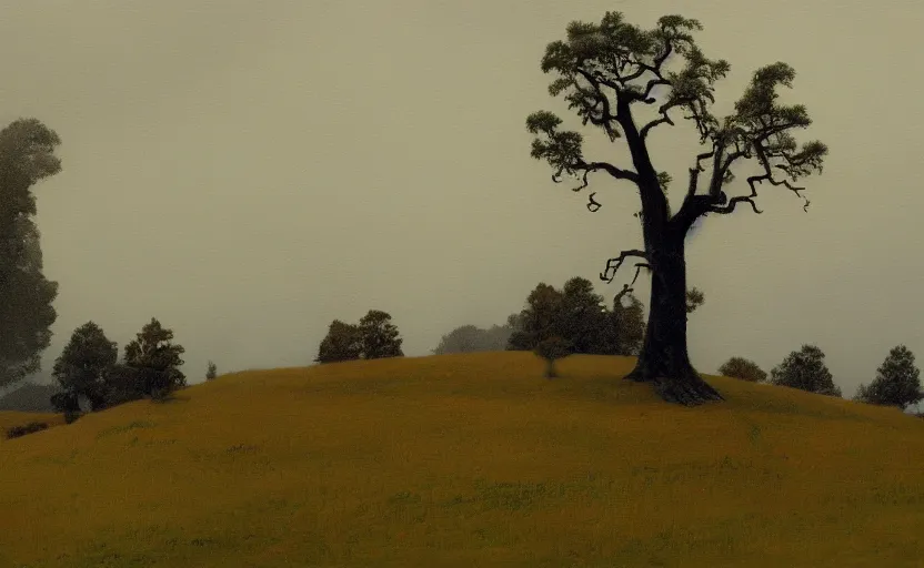 Image similar to A moody painting of an overcast day, clouds, rolling hills, tree stump, Wes Anderson, Peter Ilsted