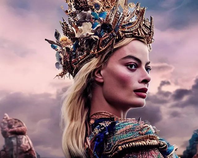 Image similar to Margot robbie as a goddess in heaven, Photography, Cinematic, Portrait, insanely detailed and intricate, hypermaximalist, elegant, ornate, hyper realistic, super detailed