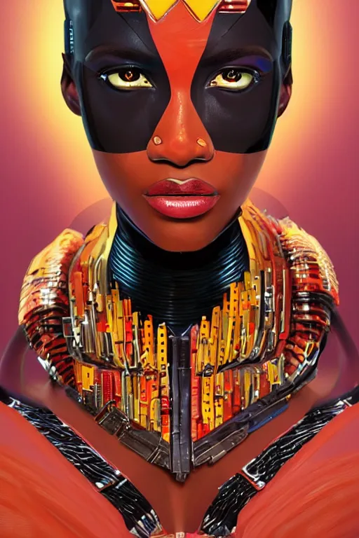 Image similar to full body portrait of the African Android Queen, by DC comics and Sandra Chevrier and beeple, artstation, volumetric lighting, hyperrealism, award winning costume design, fine textures, electric weave, 4k UHD, 50mm