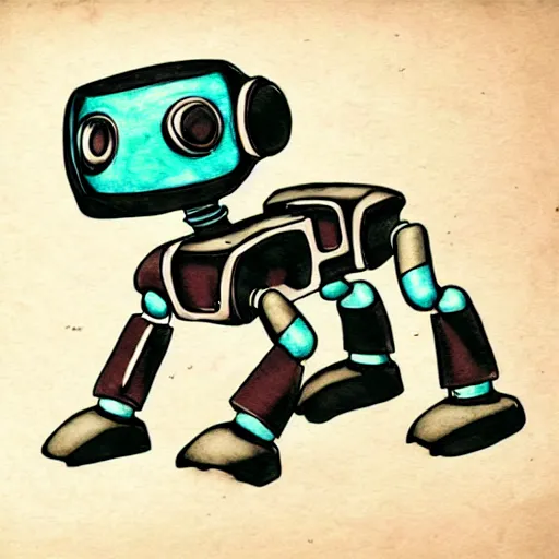 Prompt: a cute robot puppy!!!. ( ( ( alcohol ink on parchment, muted colors, shading, detailed, textured parchment background, 1 9 5 0 s concept art ) ) )
