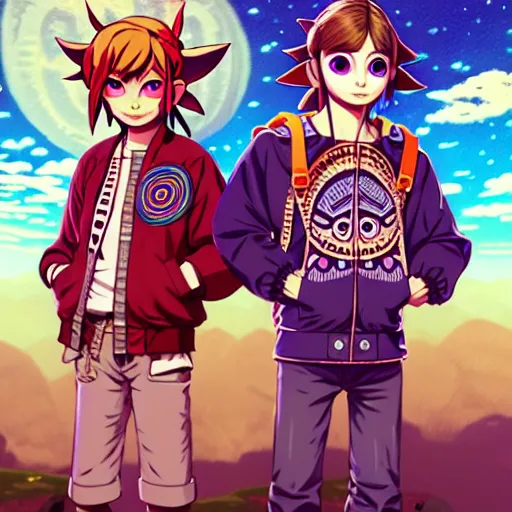 Image similar to majora majora's mask wearing oversized mayan bomber jacket with overalls, bulky poofy bomber jacket with mayan patterns, aztec street fashion, botw art style, gapmoe yandere grimdark, trending on pixiv fanbox, painted by greg rutkowski makoto shinkai takashi takeuchi studio ghibli, akihiko yoshida