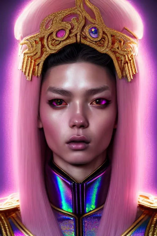 Image similar to hyperdetailed portrait of a stunningly beautiful european girl androgynous guard made of iridescent metals shiny pink gems, bright rainbow gold nimbus, inspired by ross tran and wlop and masamune shirow and kuvshinov, concept art, intricate, photorealistic, octane render, rtx, hdr, unreal engine, dnd digital art by artgerm