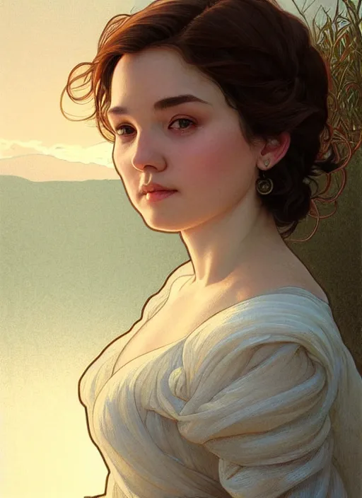 Image similar to full body portrait of a woman with short wavy hair, round face, cottagecore!!, small cup size lake water, intricate, enlightenment, highly detailed, digital painting, artstation, concept art, smooth, sharp focus, illustration, art by artgerm and greg rutkowski and alphonse mucha